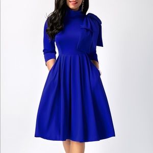 💙 Bowknot Embellished Mock Neck Pocket Dress